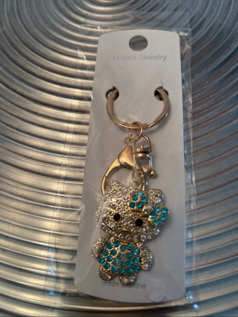 KITTEN KEYCHAIN with Turquoise & Clear Stones set in Gold Tone